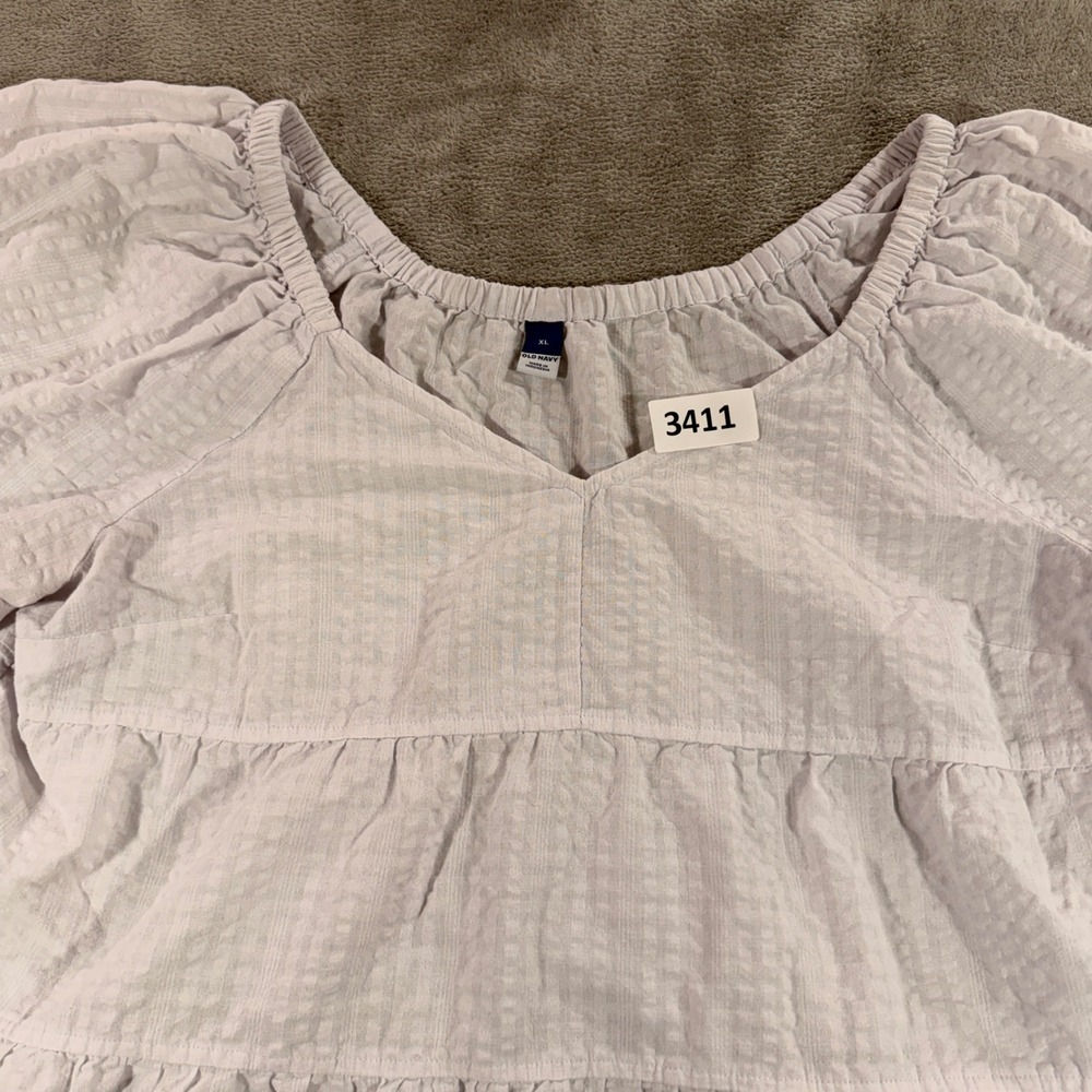 Old Navy Tiered Empire Top Women XL White Seersucker V-Neck Balloon Sleeve